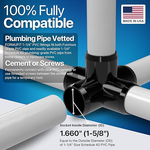 FORMUFIT 1-1/4" 5-Way Cross Furniture Grade PVC Fitting in Black, Made in USA, UV-Resistant, Impact-Proof, 1.66” Actual Socket Diameter (Pack of 4) - F1145WC-BK-4