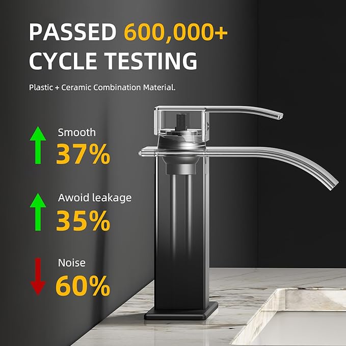 Rywuanku Matte Black Bathroom Faucet Waterfall Spout, Single Handle Sink Faucet with Pop-up Drain & Deck Plate, Modern 1 Hole Vanity Faucet for Vessel Sink