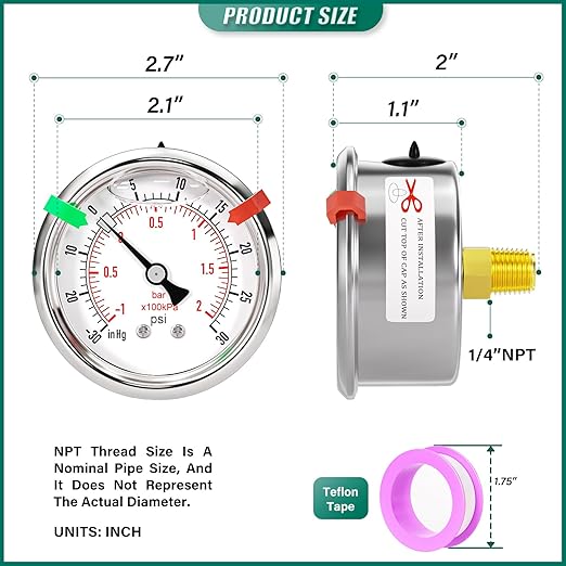 -30inHG-30psi Stainless Steel Glycerin Liquid Filled Vacuum Pressure Gauge 1/4" NPT 2.5" Face Dial Center Back Mount, for Water, Oil and Air Pressure Testing (with Range Mark Pointer)