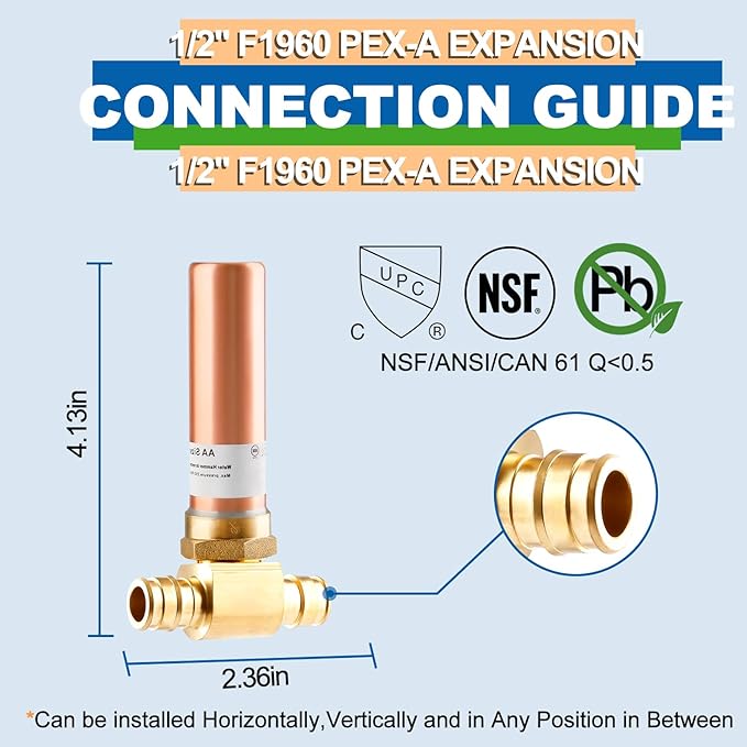 Copper Water Hammer Arrestor, 1/2 Inch Pex-A Expansion Tee Hammer Arrestor For Potable Water Plumbing Application, F1960 Tee Connection