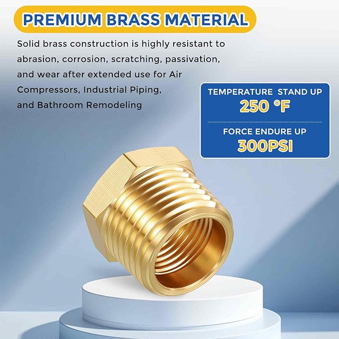 4 Pack Brass Pipe Fittings, 1/2" NPT Male to 3/8" NPT FeMale Brass Hex Bushing Reducer, Hose Tube Threaded Adapter for Air, Oil, LP