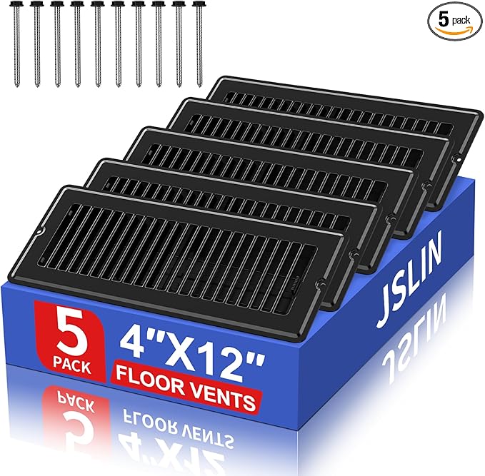 4x12 Floor Regsiter Vent Covers for Home Floor Wall Ceiling - Black with Screws for Easy Installation - Heavy Duty Steel Walkable Finish for Quiet Adjustable Air Vent Cover 4‘’ x 12‘’- 5 Pack