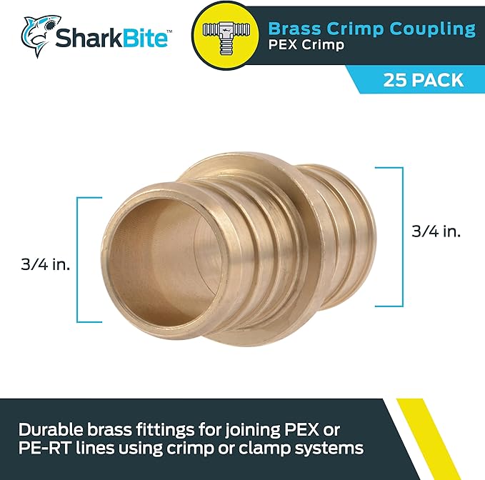 SharkBite 3/4 Inch Crimp Coupling, Pack of 25, Brass Plumbing Fitting, PEX Pipe, PE-RT, UC016LF