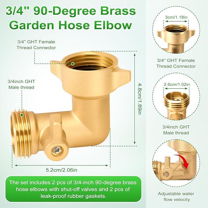 Garden Hose 90 Degree Elbow, with Shut Off Valves 3/4 Inch Solid Brass RV Water Hose Connector Fittings Adapter, Includes Washers for RV Hookups & Outdoor Faucets, 2 Pack