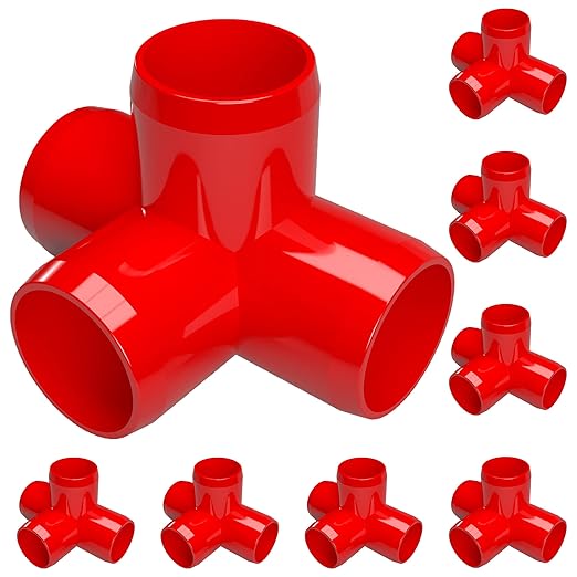 FORMUFIT 3/4” 4-Way Tee Furniture Grade PVC Fitting in Red, Made in USA, UV-Resistant, Impact-Proof, 1.050” Actual Socket Diameter (Pack of 8) - F0344WT-RD-8