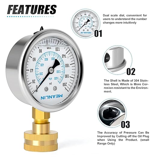 MEANLIN MEASURE 0~200Psi Stainless Steel Frame 3/4" Female 2.5" FACE DIAL Liquid Filled Pressure Gauge WOG Water Oil Air Water Pressure Test Table with Sealing Ring