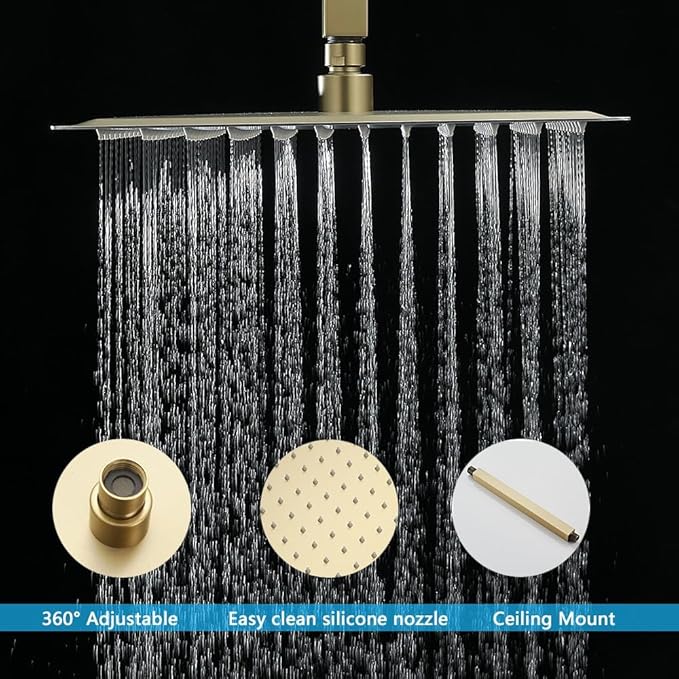 12 Inch Ceiling Mount ‎Brushed Gold Shower System Bathroom Luxury Rain Mixer Shower Combo Set Ceiling Rainfall Shower Head System (Contain Shower Faucet Rough-in Valve Body and Trim Kit)