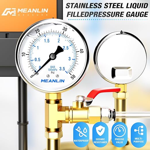 MEANLIN MEASURE 0~50Psi Stainless Steel 1/4" NPT 2.5" FACE DIAL Liquid Filled Pressure Gauge WOG Water Oil Air Lower Mount, with 1/2" NPT and 3/8" NPT Hex Bushing