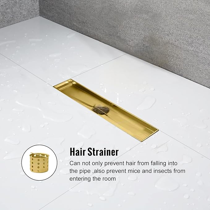 Linear Shower Drain, 12 inch Gold Drain with Removable Grate Cover, Brushed 304 Stainless Steel Shower Floor Drain, Linear Drain with Hair Strainer and Adjustable Feet