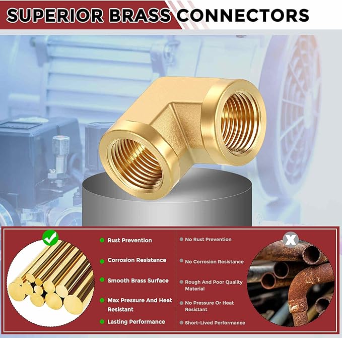 Pack of 2, 90 ° 3/8" NPT FeMale to 3/8" NPT FeMale Solid Brass Barstock Street Elbow, Forged Pipe Fitting for Pipe Leak Repair, Bathroom Remodeling, Tool Extension, Compression