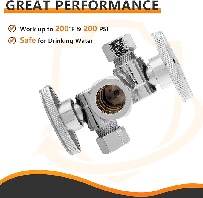 20-PCs HeSun Dual Shut Off Angle Valve, 1/2" Nominal (5/8"OD) x 3/8" OD x 3/8" OD Compression, 1/4-Turn Stop Valve with 2 Shut Offs, PEX Chrome Plated Brass(VALVE134-20)
