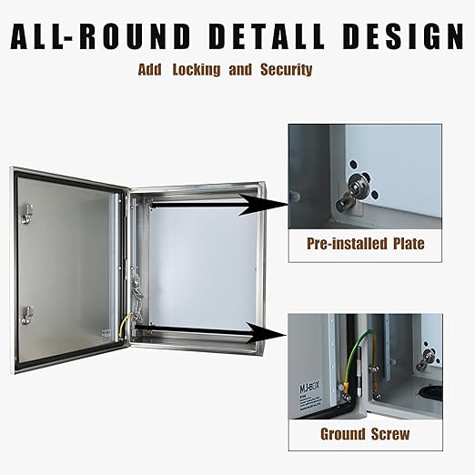 MJ-Box Steel Electrical Enclosure Box 24 x 20 x 10'' 304 Stainless Steel Electrical Enclosure IP66 Waterproof & Dustproof Outdoor/Indoor NEMA 4X Stainless Steel Enclosure