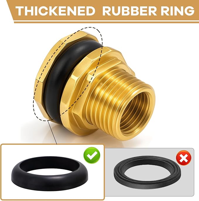 2 Pack 1/2" Female NPT and 3/4" Male GHT (Garden Hose Threaded) Solid Brass Water Tank Connector, Bulkhead Fitting With Thickened rubber ring