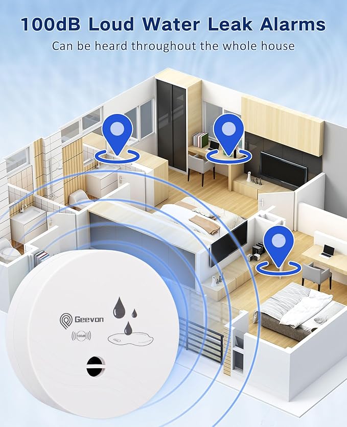 Geevon 10 Pack Water Leak Detectors, 100dB Water Sensor Alarms Flood Detector for Basements, Bathrooms, Laundry Rooms, Kitchens, Garages, and Attics, Water Alarms Battery-Operated (Battery Included)
