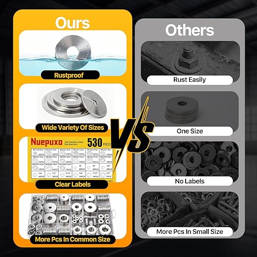530PCS Flat Washers Assortment Kit, 304 Stainless Steel Fender Washers, 24 Sizes (M3 M4 M5 M6 M8 M10 M12 6# 8# 10# 12# 1/4 5/16 3/8 7/16 1/2) SAE + Metric Metal Washers for Screws and Bolts