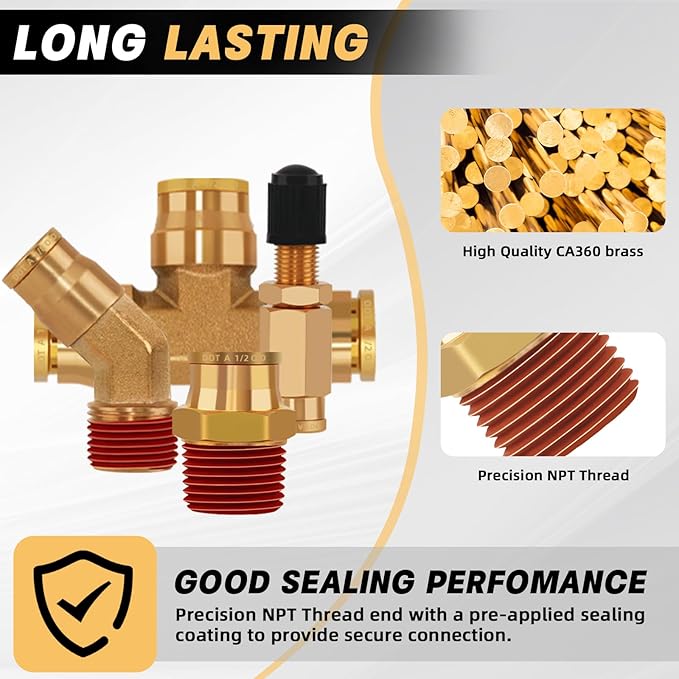 49 Pcs Brass DOT Air Line Fittings Assortment 1/8" 1/4" 3/8" 1/2" Air Line Quick Connect Push to Connect Air Hose Fittings Repair Kit for DOT Air Line Peumatic Tubing