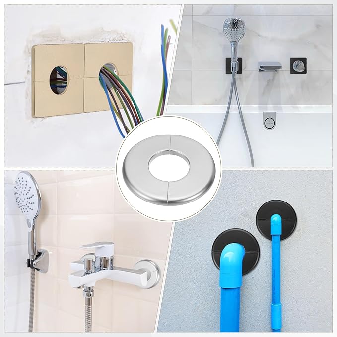 PATIKIL Wall Split Flange 105mm / 4.1" OD, 4 Pcs Round Escutcheon Plate Cover PPR Plumbing Cover Plates with Self-Adhesive Tape for 44mm / 1.7" Dia Water Pipe Faucet, Silver