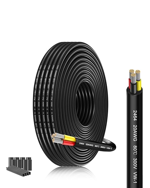 20 Gauge 3 Conductor Electrical Wire 20/3 AWG 26.25FT Stranded Tinned Copper Cable with PVC Jacket - Flexible Low Voltage Power Cord for LED Strip Lights, Automotive Marine Wiring