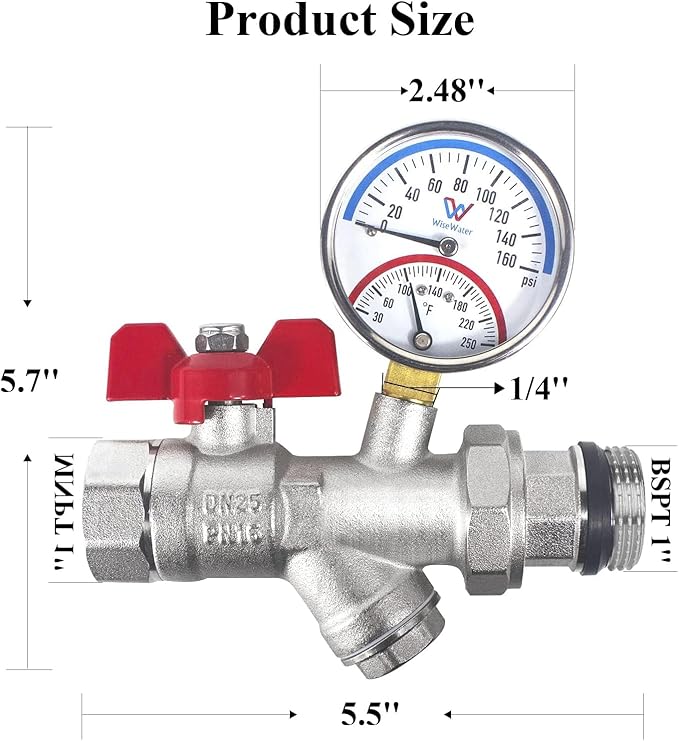 WiseWater 1'' NPT Stainless Steel Ball Valve with Strainer Mesh Filter, PEX Manifold Ball Valve with 2.48'' Hot Water Thermometer and Pressure Gauge for Radiant Floor Heat PEX Manifold Loops