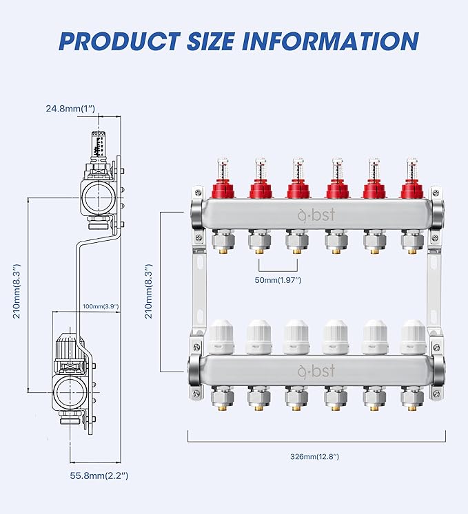 ABST PEX Manifold,6 Loop Stainless Steel Floor Radiant Heat Manifold Kit with 1/2" Adapters Included for Hydronic Radiant Floor Heating