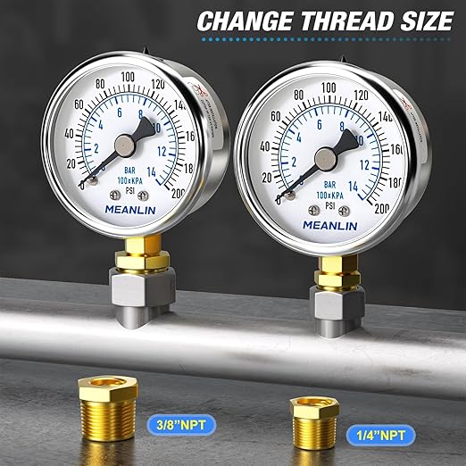 MEANLIN MEASURE 0~200Psi Dry Pressure Gauge Stainless Steel 1/8" NPT 2" FACE DIAL Waterproof for Air Compressor Air Regulator Water Filter Lower Mount, with 1/4" NPT and 3/8" NPT Hex Bushing