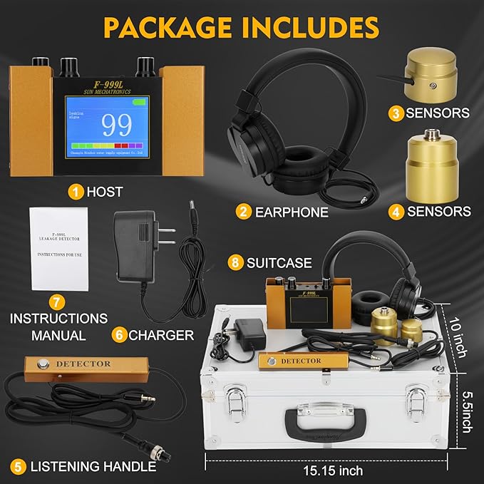Underground Water Leak Detector, Water Pipe Leak Detector, Two Size Sensors Precise Positioning, High-Sensitivity Digital Display Leakage Sensor, Carrying Case
