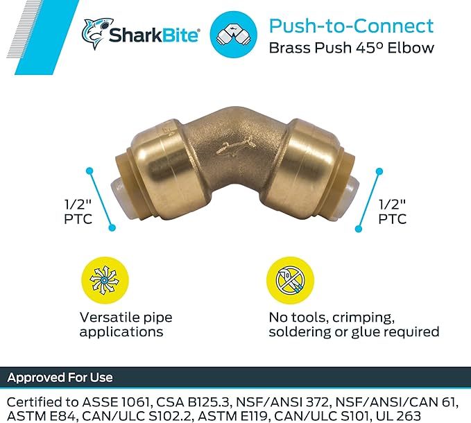 SharkBite 1/2 Inch 45 Degree Elbow, Push to Connect Brass Fitting, PEX Pipe, Copper, CPVC, PE-RT, HDPE, U648LFA