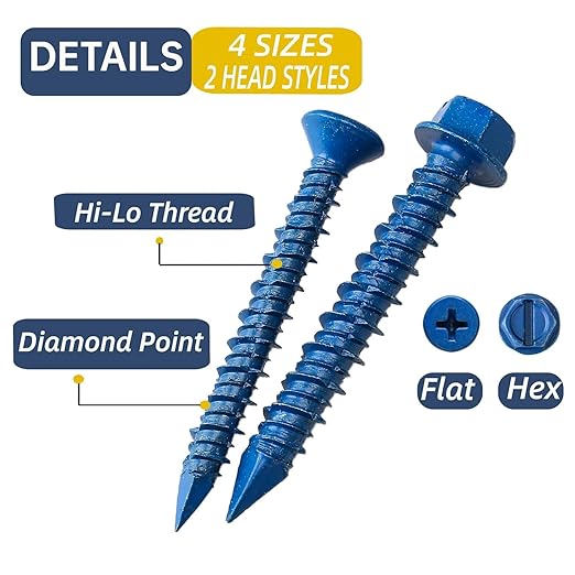 232Pcs Concrete Screws with Drill bits,1/4 3/16 Masonry Screws for Concrete Assortment Kit,4 Sizes Flat & Hex Head Block Cement Stacoo Screws and Anchors,Diamond Point,Blue Coated