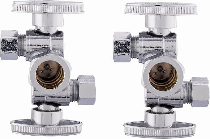 (Pack of 2) EFIELD 1/4 Turn Dual Compression Outlet Angle Stop Valve with 2 Shut Off Valve/Handles, 1/2" NOM (5/8" OD) x (3/8 inch x 3/8 inch) Chrome,(VALVE134-2PCS)