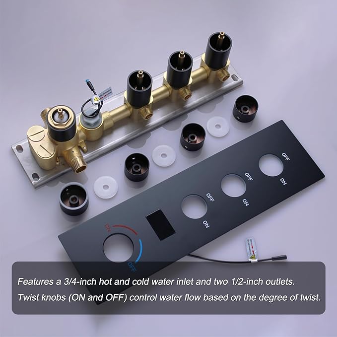 Shower Valve Concealed Shower Mixing Faucet with Temperature Display Function, Flow Control Brass Diverter Valve Kit, 3 Function Can Be Activated Simultaneously, Matte Black
