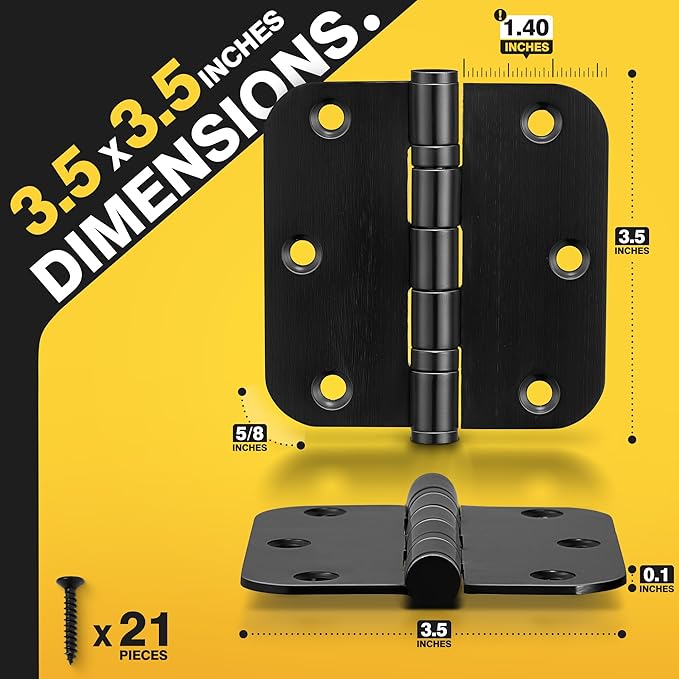 KOLET Ball Bearing Door Hinges, 3.5 Inches Black Door Hinges, 5/8'' Radius Corner Heavy Duty Stainless Steel Hinges, Smooth and Quiet, Non Removable Pin, Matte Black, 3 Pack