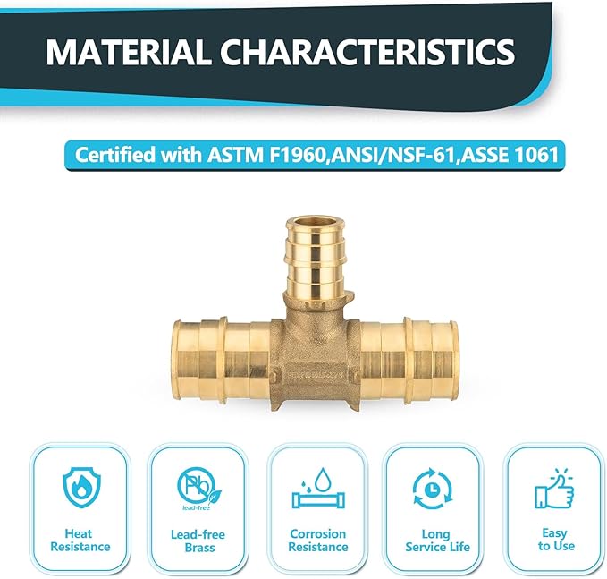 (10-Pack) Seelink PEX-A Fitting, 3/4" x 3/4" x 1/2" Expansion Tee, Brass Fittingg Tee, ASTM F1960(PEX1960120)