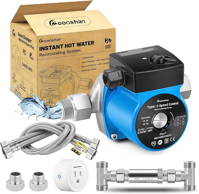 Instant Hot Water Recirculating Pump with Stainless Steel Sensor Valve 20-inch PEX Supply Lines Water Circulator Pump with Smart Plug for Tank Water Heaters 3-Speed Control Extremely Quite