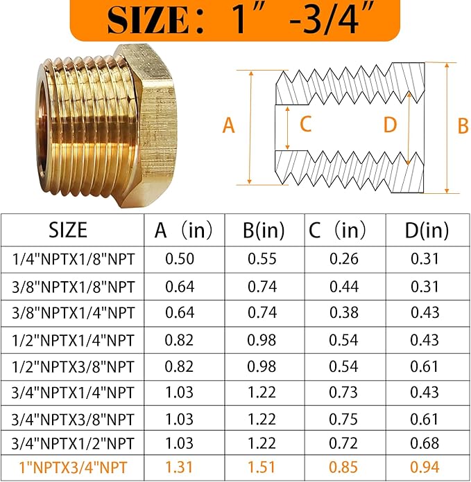 2 Pcs Brass Bushing 1" Male to 3/4" Female, 1" to 3/4" NPT Adapter Hex Brass Reducing Pipe Adapter Fitting Pipe Hose Tube Adapter Convert