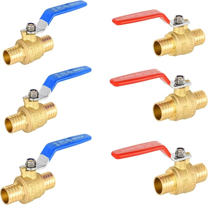 6-Pack Foskan 1" PEX Crimp Ball Valve, Brass Quarter Turn Full Port Shut-off Valve for PEX Tubing(Blue and Red)