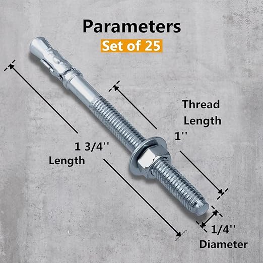 Party Animals 1/4 x 1-3/4 Inch Wedge Anchor, 25 PCs Zinc-Plated Industrial Anchor Bolts for Cement, Concrete