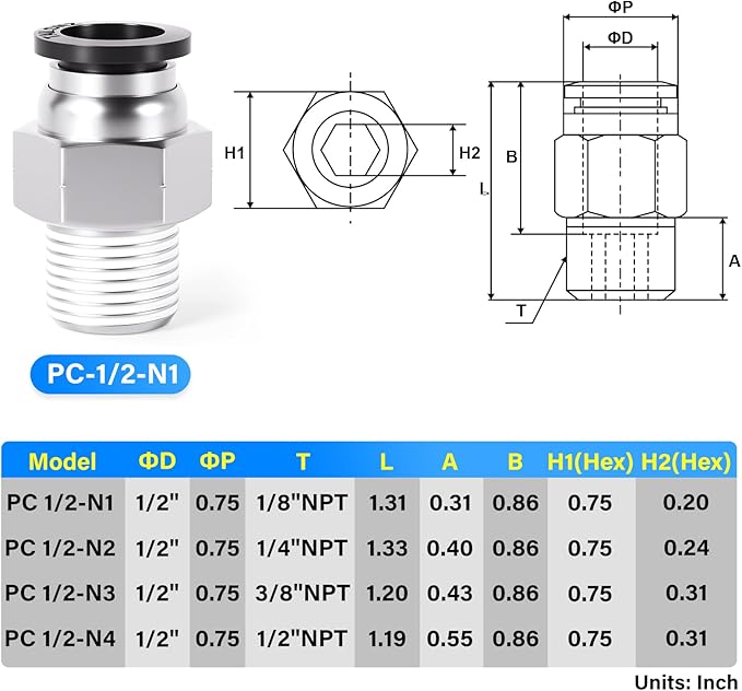 TAILONZ PNEUMATIC Male Straight 1/2 Inch Tube OD x 1/8 Inch NPT Thread Push to Connect Fittings PC-1/2-N1 (Pack of 5)