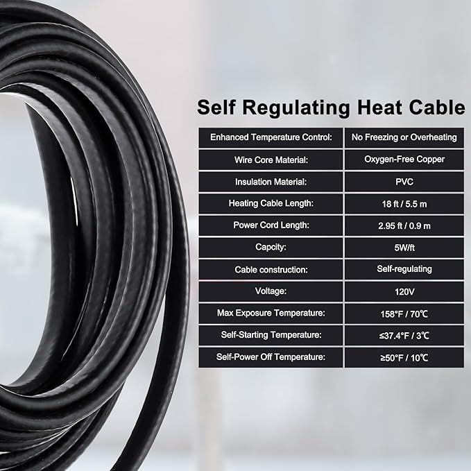 MECCANIXITY 18FT Self-Regulating Water Pipe Heat Tape,5W/Ft 120V Electric Plugs 3 Prong Heating Trace Cable for Metal and Plastic Pipe Freeze Protection Keeps Water Flowing