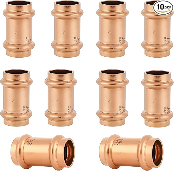 Copper Press Fittings 3/4 Inch Coupling with Stop No-Lead Plumbing Pipe Connector | Compatible with Copper Pipes, Water Supply & Hydronic Heating Systems | Durable Press Fit Design,10-Pack