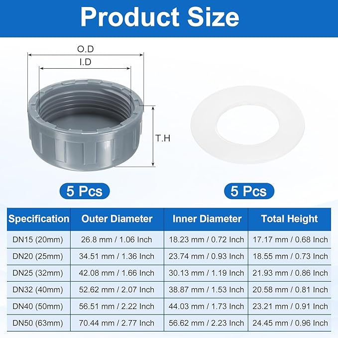 uxcell 5Pcs 1-1/2 Inch PT Female Thread PVC Pipe Fitting Cap, Cleanout Water Drain End Caps, Pipe Plug Socket Fittings with Gasket for Water Heater Supply Lines, Plumbing, Gray