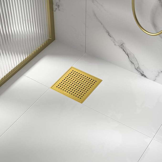 Square Shower Drain 6", 304 Stainless Steel Floor Drain with Grid Drain Cover & Hair Strainer, Shower Drain w/CUPC Certified, Brushed Gold