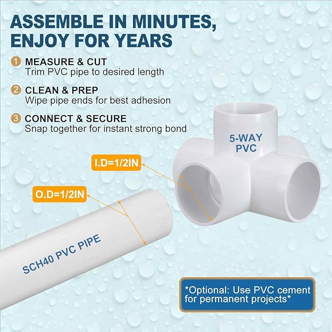 2 Pack 1/2" SCH40 PVC Elbow Pipe Fitting, 5-Way PVC Elbow Corner Side Outlet Cross Fitting, Furniture Grade Pipe Connectors for DIY Project, Pond Protection, Socket x Socket, White