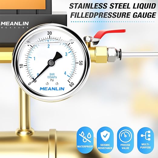MEANLIN MEASURE 0~60Psi Stainless Steel 1/4" NPT 2.5" FACE DIAL Liquid Filled Pressure Gauge, Pool Sand Filter Pressure Test Center Back Mount, with 1/2" NPT and 3/8" NPT Hex Bushing