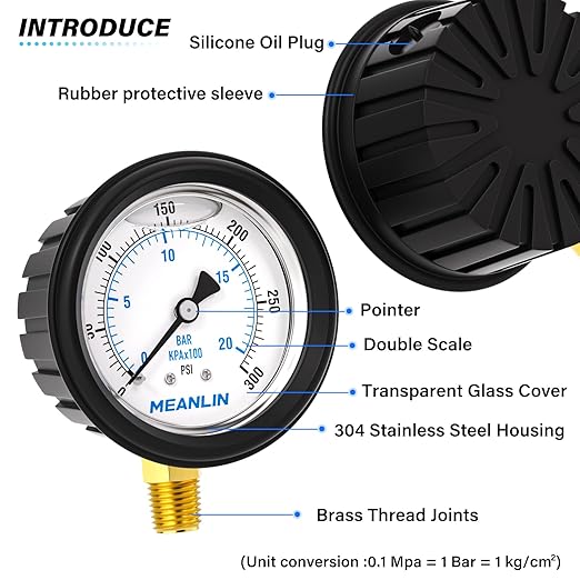 MEANLIN MEASURE 0~300Psi Stainless Steel 1/4" NPT 2.5" FACE DIAL Liquid Filled Pressure Gauge, Lower Mount (with Rubber Protective Sleeve), with 1/2" NPT and 3/8" NPT Hex Bushing