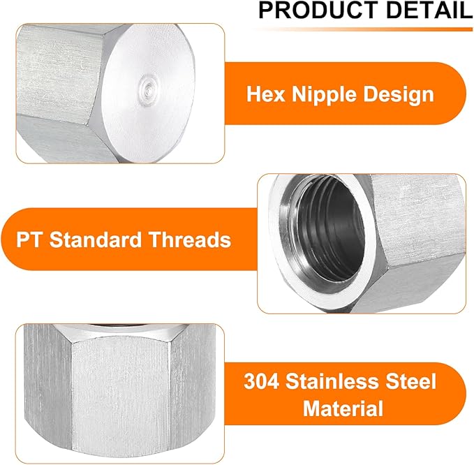 uxcell 2pcs Hex End Cap 304 Stainless Steel Nut with Washer, PT 1/4" Female Thread Pipe Fitting, Gas Line Water Line Stop Valve Cap Tubing Ends for Plumbing Fittings, Silver Tone