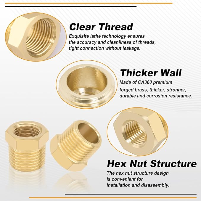 KOOTANS 4pcs Heavy Duty 3/8 NPT Male Thread to 1/4 NPT Female Thread Brass Reducer Hex Bushing Brass Fitting Pipe Hose Tube Adapter Convert