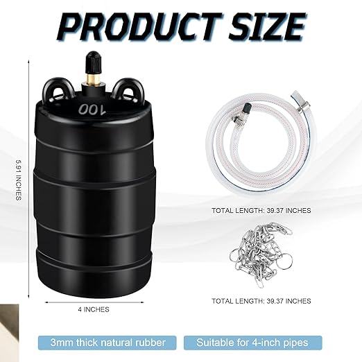 4 Inch Inflatable Pipe Plug Sewer Test Plug, Inflatable Balloon Rubber Plug for Water Pressure Testing, Water Flow Blocking, and Pipe Leak Inspection, with 39.37" Hose and Chain