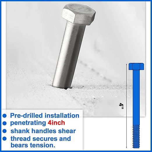 15 Pack 1/2-13 x 4'' Hex Head Cap Screw Bolt 304 Stainless Steel Half Thread External Hex Drive Screw Bolt Fastener for Wet Outdoor Metal Framing Concrete Reinforcement Railing Trellises