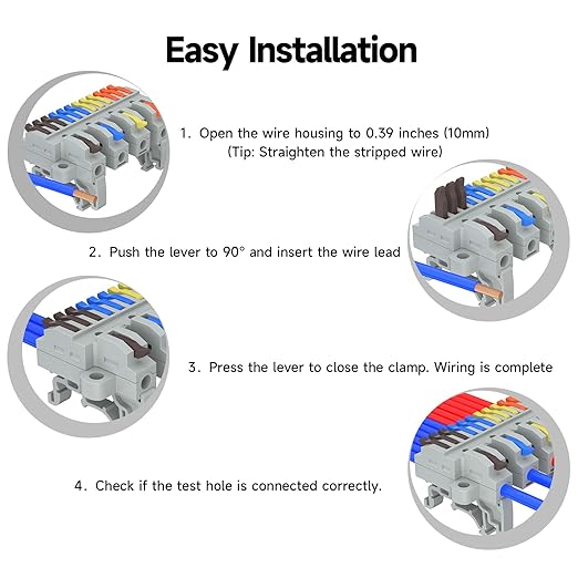 2Pcs Lever Wire Connectors, 4 in 12 Out, Push-in, Quick Wiring DIN Terminal Blocks, 0.7-2.5(4) mm², 600V 32A, 32Pcs Wire Ferrules Terminals & 5.51 Inch DIN Rail Included
