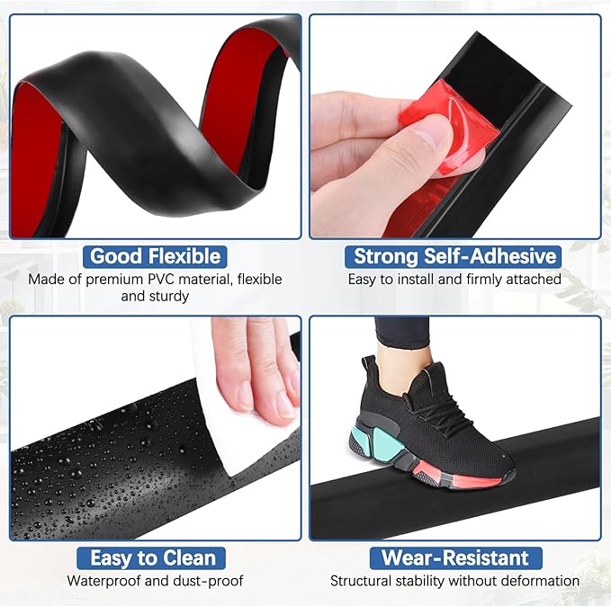 Vinyl Door Threshold Flooring Transition Strip Self Adhesive Carpet Edging Strip for Laminate Doorway Edge Threshold from 3/5" to 4/5" (Black, 10 Ft)